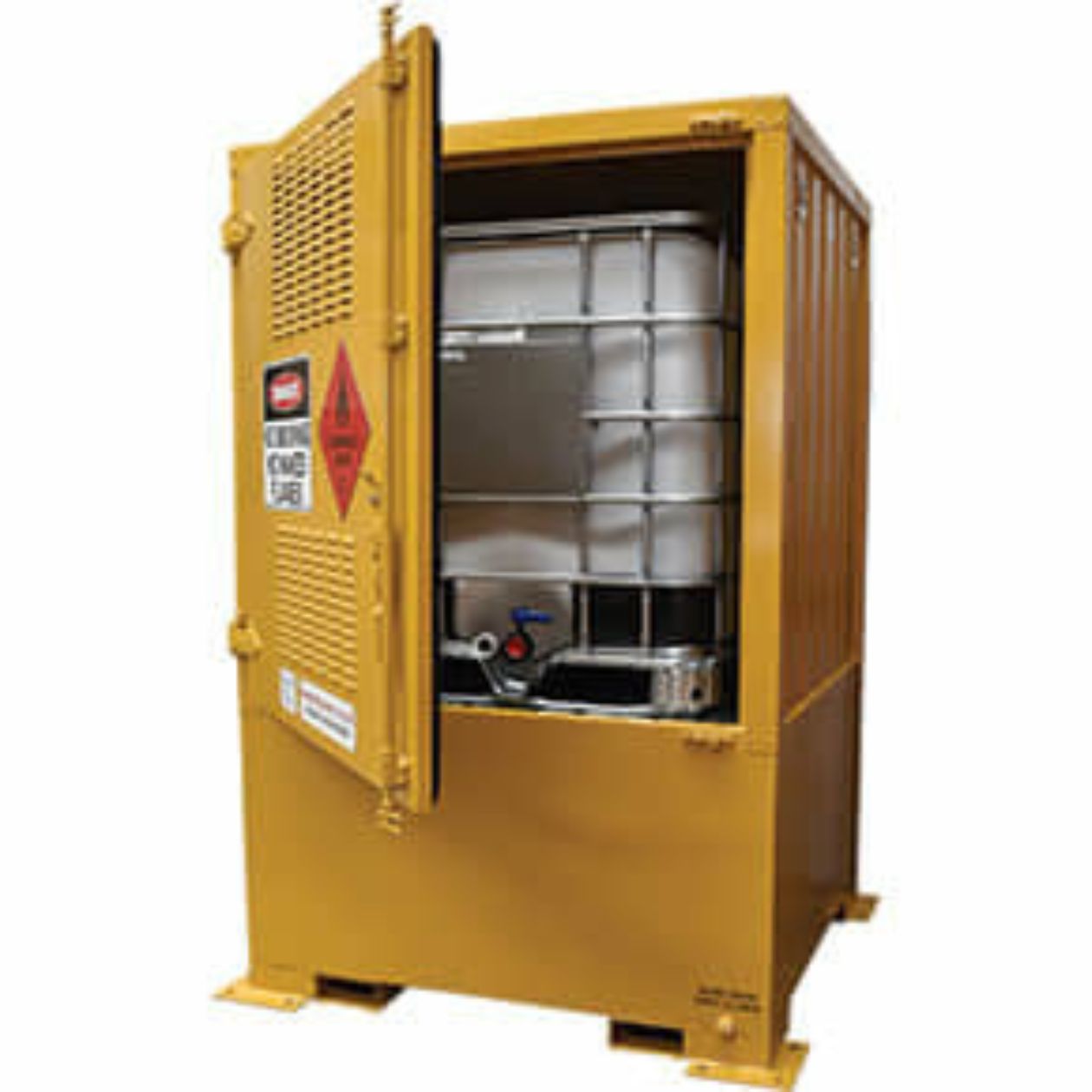 What Sets Our Products Apart Quality and Innovation by Wholesale Safety Storage Australia A yellow metal safety cabinet, compliant with Australian Standards, is shown with its door slightly open, revealing a large gray industrial container inside. The cabinet has warning labels indicating it holds flammable materials and a latch to secure the door.