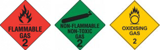 Three diamond-shaped gas hazard signs: flammable gas (red), non-flammable non-toxic gas (green), and oxidising gas (yellow), each labeled with a warning and the number 2.